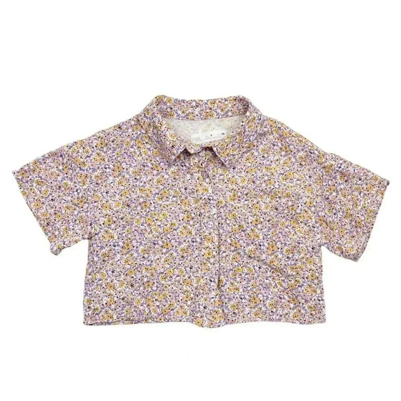 Zara Short Sleeve Crop Button Down Floral Top Purple White Size 13-14 years - Picture 2 of 12